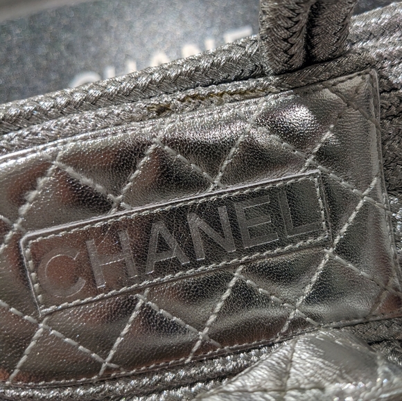 šSOLD CHANELš¤©20S CC Lambskin Cord Rope Logo Dad Sandals in Silver Sz 39 - Picture 11 of 16